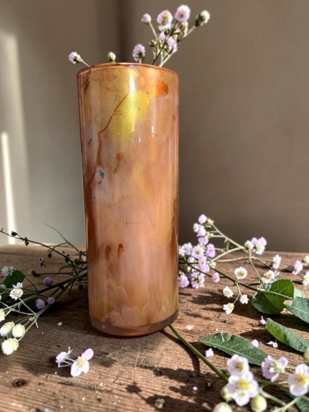 Acrylic Pour Copper and Gold Glass Cylinder Vase, Fluid Handmade Art, 8.5 Inches
